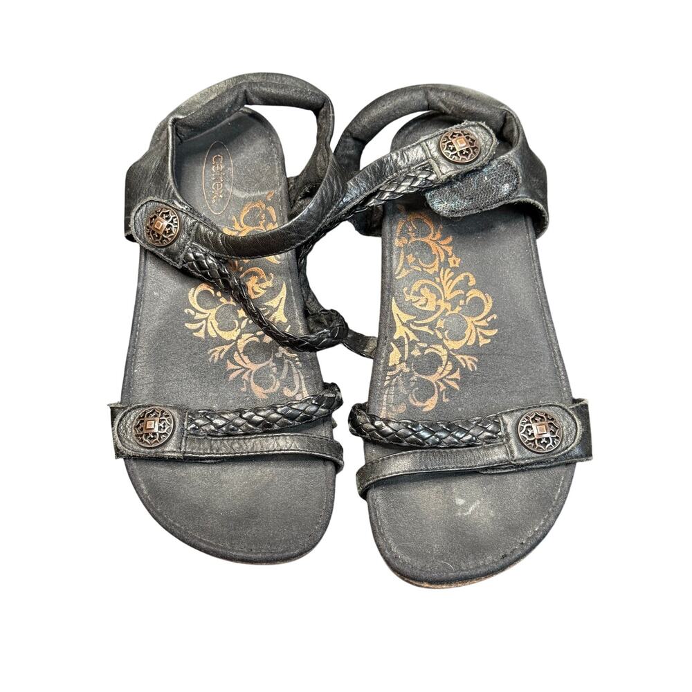 Aetrex Black‎ Leather Braided Strappy Gladiator Style Sandals